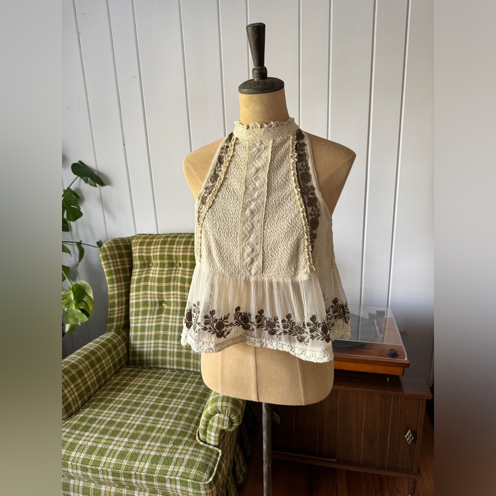 Ecote Tops | Ecote Boho Lace Sheer Embroidered Peplum Top | Size Small